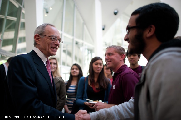 President-elect Rafael Reif greets students at an evening event in the Stata Center on Wednesday.