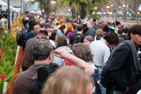 After hours of waiting in line, fans begin to move towards Ballroom 20 to see the cast and creators of television shows Community, Legend of Korra, and Firefly.