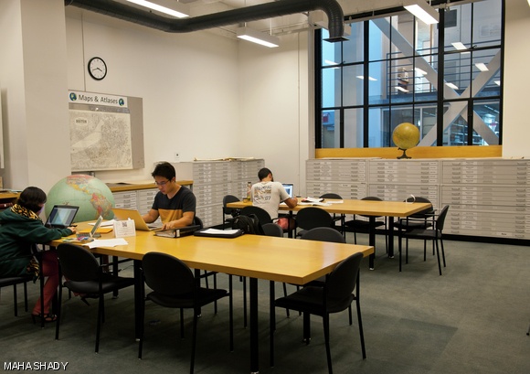 The Maps and Atlases area in the Rotch Library of Architecture and Planning is a lesser known study area on campus which features study tables and ready access to many geography resources.