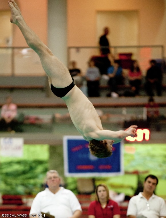 Danil Tyulmankov ’14 performs an inward dive pike on the 1-meter board. He placed third overall on the 1-meter and 5th on the 3-meter.