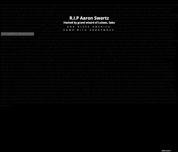 A screenshot of mit.edu from Tuesday, January 22, after hackers re-directed MIT’s home page in the name of Aaron Swartz.