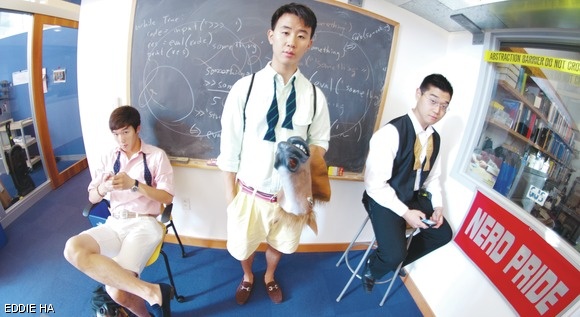(Right to left) Youngsoo Jang ’15, Ingwon Chae ’14, and Richard C. Yoon ’13 take a break during filming the MIT Gangnam Style video that went viral this last semester.