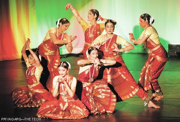 Anjali B. Thakkar ’12 (far back) performs with members of the Abhinaya Dance Company, hosted by MIT Natya last spring. The concert paid homage to various women from Hindu mythology.