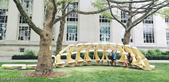 The Kerf Pavilion, installed near the Green Building last October as part of the Pavilion project, created spaces to sit and enjoy quieter moments on campus.