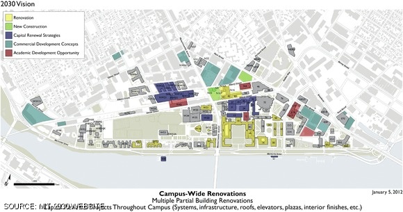 A map of planned campus-wide renovations under the “MIT 2030” framework.