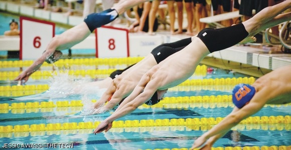 MIT swimmers compete in the 200-yard freestyle relay.