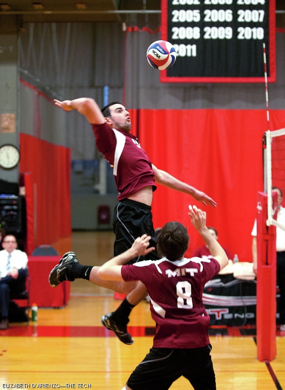 Paul M. Syta ‘14 sets Tyler R. Nolan ‘15 up for a spike in a men’s volleyball match against Mount Ida College this Saturday. The Engineers won 3-0.