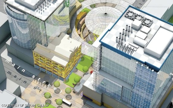 Another view of an early conception of a new gateway. These renderings include the MIT Press Building, the fate of which is unclear due to historical considerations.