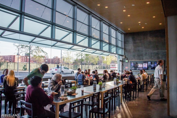 Members of the MIT community eat dinner in the Simmons Dining Hall.