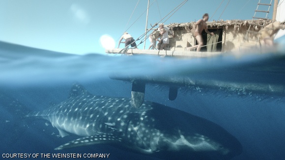A shark nears Thor’s raft Kon-Tiki in the Pacific Ocean.