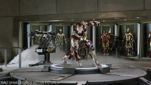 Iron Man (Robert Downey Jr.) tries out his latest-and-greatest: the Mark XLII prehensile suit.