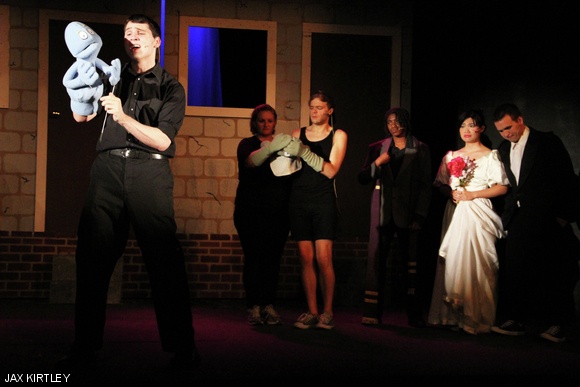 Rod (Andrew W. Koche ’14), Nicky (Holly Constant and David Wright), Gary Coleman (Chamille J. Lescott ’16), Christmas Eve (Thao Nguyen), and Brian (Josh Cough) in Avenue Q.