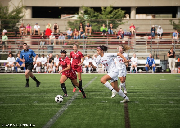 Michelle Battipaglia ’15 rushes after the ball in the women’s soccer game on Saturday, Sept. 21 against WPI. MIT won 3-0.