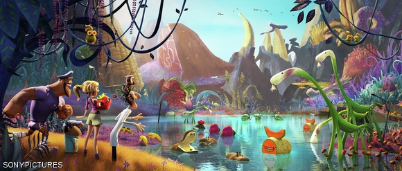 Arriving back at Swallow Falls in Cloudy with a Chance of Meatballs 2.