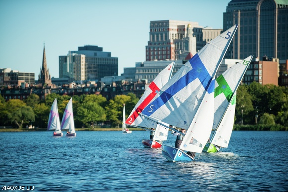 Racers sail downward to the finish during MIT Sailing’s Midweek Firefly Regatta held last Thursday. The regatta, hosted by MIT, welcomed eight colleges fielding a total of 19 boats.