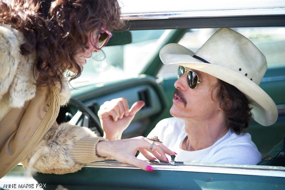 Rayon (Jared Leto) and Ron Woodroof (Matthew McConaughey) in Dallas Buyers Club, the story of an HIV-positive man’s fight for life.