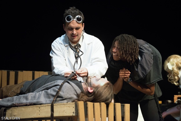 Fred Frankenstein (Josh Cough) and Igor (Chamille J. Lescott ‘16) prepare to reanimate a corpse in MIT Musical Theatre Guild’s production of Young Frankenstein.