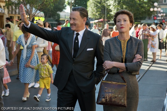 Walt Disney (Tom Hanks) and a disgruntled P. L. Travers (Emma Thompson), the author of the Mary Poppins books, in Saving Mr. Banks.