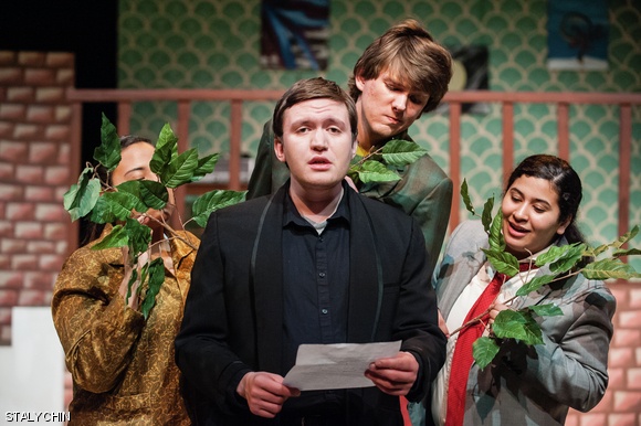 Sir Toby (Majdolene Z. Khweis ‘15), Sir Andrew (Colin C. Aitken ‘16), and Fabian (Samantha E. Harper ‘16) sneak behind Malvolio (David Perelman) in MIT Shakespeare Ensemble’s production of Twelfth Night.