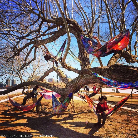 Matthew Santens, the founder of The Elevated Movement, uses recycled plastic to make hammocks.