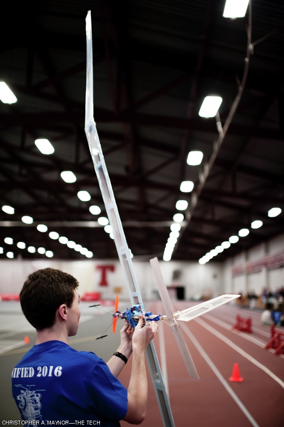 A student prepares his team’s aircraft before takeoff during the Unified Engineering Flight Competition. It occurred last Thursday, May 8 in Johnson Athletic Center.