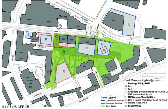 The proposed plan for Kendall Square as of July 14, 2014, which calls for new buildings for commercial, retail, and academic uses, as well as new graduate student housing.