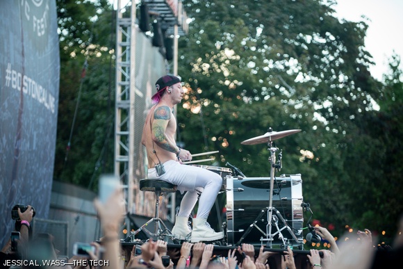 twenty one pilots performed Sunday afternoon and both members left stage to join the crowd. Here drummer Josh Dun crowdsurfed on a platform with a small drum kit.