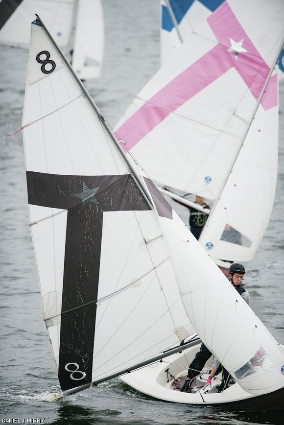 Will Reid ’16 leans the boat back into balance during a turn before placing fourth in Thursday’s Midweek Invitational Regatta, hosted by MIT Sailing.