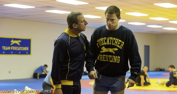 Steve Carell as John du Pont and Channing Tatum as Mark Schulz in Foxcatcher
