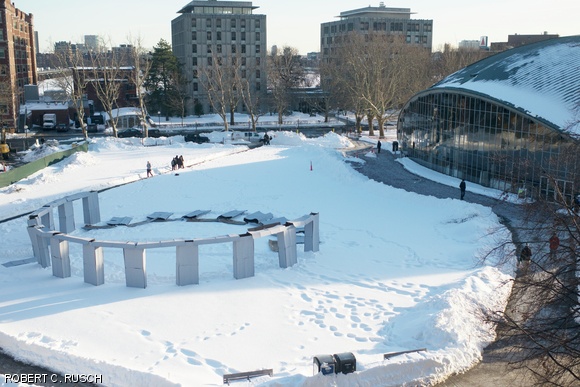 A mysterious Stonehenge hack stands in front of Kresge this past Thursday. MIThenge, a biyearly event in which the sun lines up with the Infinite Corridor, occurred the following evening.
