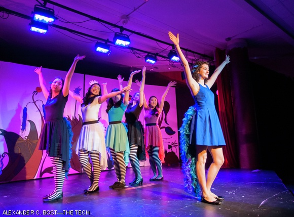 Caralyn R. Cutlip ’17, as Gertrude McFuzz, sings with the Bird Girls.