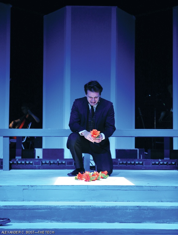 Moritz’s father, played by Garrett W. Schulte ’17, grieves for his son in “Left Behind.”