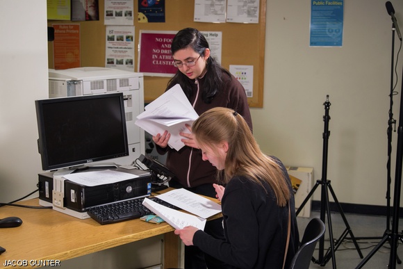 Sarah A. Coe ‘16 and Carolyn Vasko working behind the scenes of Inmost Thoughts.