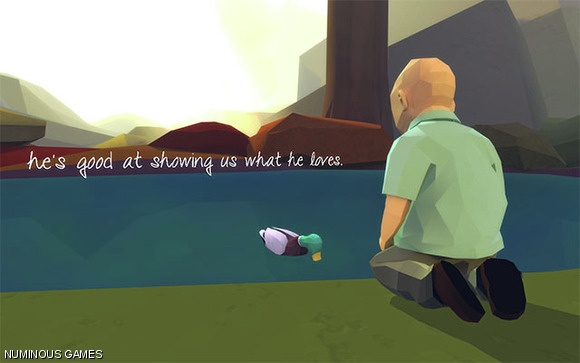 Joel giggles and feeds a duck in a scene at the start of That Dragon, Cancer.