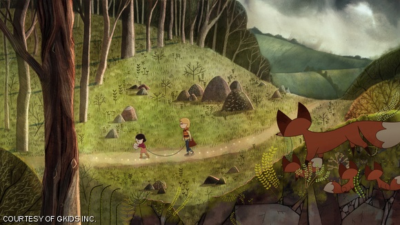 A hand-drawn scene of Saoirse and Ben’s adventures by Irish animation studio Cartoon Saloon.