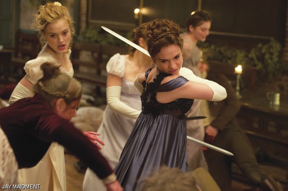 Lily James (center) and Bella Heathcote (left) in Screen Gems’ PRIDE AND PREJUDICE AND ZOMBIES.