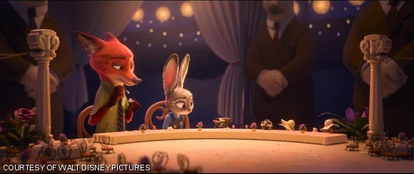 Nick Wilde and Judy Hopps sit in on Fru Fru’s wedding dinner.