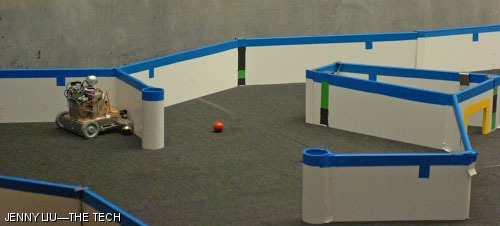 A team’s robot attempts to avoid obstructions in the playing field.