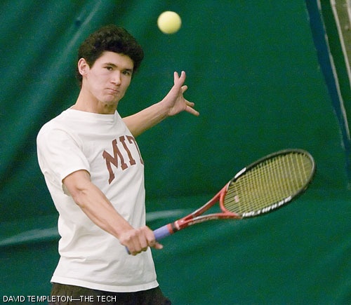 Thomas H. Dohlman ’07 makes a backhand-slice during his singles match on Sunday, March 11. The Engineers took on Colby College at the Carr Indoor Tennis Facility.