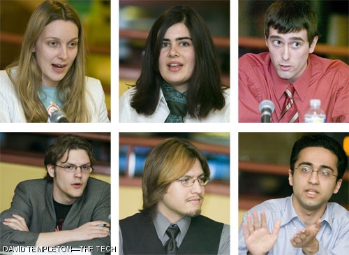 The candidates for UA president and vice president: (left to right, with the presidential candidate on top) Lauren E. Oldja ’08 and Steven M. Kelch ’08, Manisha Manmohan ’08 and Fernando Funakoshi ’09, Martin F. Holmes ’08 and Ali S. Wyne ’08.