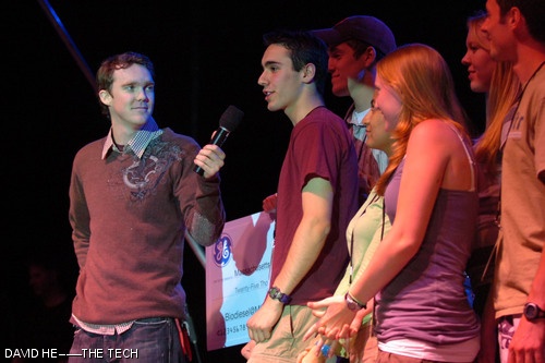 Gardner Loulan, mtvU host, talks to the Biodiesel@MIT team on stage.