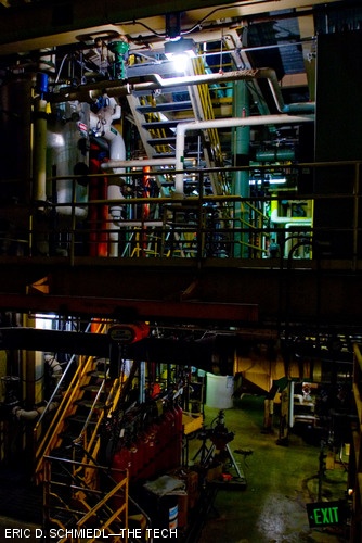 The MIT Cogeneration Plant is a densely packed maze of pipes and heavy equipment.