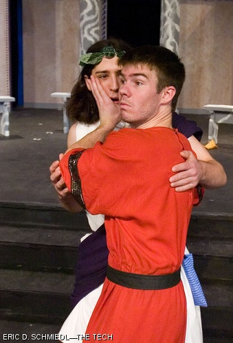 Pseudolus, right, (Timothy I. Abrahamson ’06) convinces Hero (Jonathan A. Gray ’10) to shut up and do what he’s told. MTG’s production of A Funny Thing Happened on the Way to the Forum runs for the next two weekends in Kresge Little Theater.