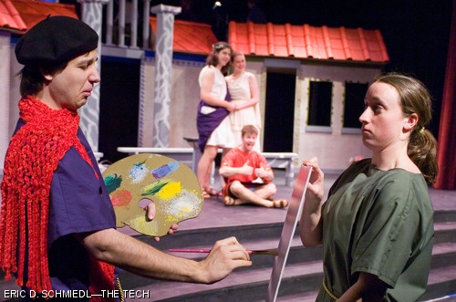 Proteans (Armen Babikyan, right, and Nicole M. O’Keeffe ’09, left) paint a pretty little picture of leads Hero, Philia, and Pseudolus. MTG’s production of A Funny Thing Happened on the Way to the Forum runs for the next two weekends in Kresge Little Theater.