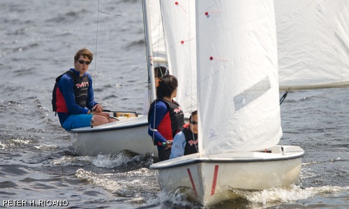 (Back to front) John M. Field ’08, Karlen E. Ruleman ’09, Brooks L. Reed ’09, and Xiaoyu (Sylvia) Yang ’07 head back to the MIT Sailing Pavilion after competing in last weekend’s New England Team Racing Championship. MIT placed 11th overall, failing to qualify for nationals.