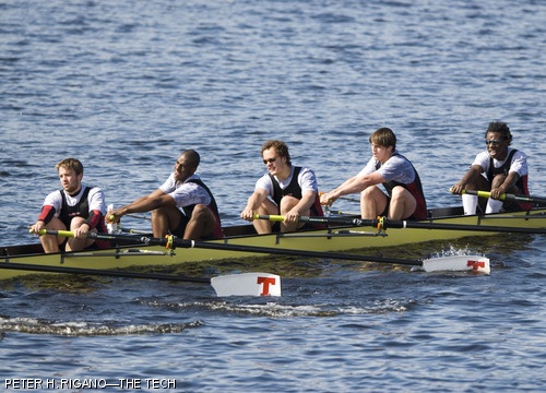Heavyweight freshmen (left to right) Thomas J. Price '10, Ayaboe K. Edoh '10, Jeremy J. Kuempel '10, Ryan C. Breneman '10, and Waciuma W. Maina '10 compete against Dartmouth and Wisconsin in Saturday's Cochran Cup. The Engineers finished last with a final time of 7:00.97.