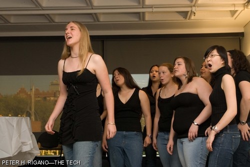 Kristiana E. Schneck ’10 (left) performs solo with The Muses at the May 12 “Mocktail” event put on by the Student Health Advisory Council, SaveTFP, and the Interfraternity Council. The group will be performing their final concert of the semester Thursday, May 17 at 8 p.m. in 10-250.
