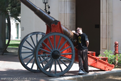 PASADENA, CALIF.—Tech Chairman Michael McGraw-Herdeg ’08 poses next to the Fleming House Cannon, which is chained to the ground, at the California Institute of Technology. MIT hackers borrowed the cannon in April 2006 after which it appeared next to the Green Building at the beginning of Campus Preview Weekend. This photo is part of a series that showcases the summer adventures of Tech staff members.