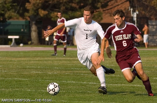 David M. Nole ’09 fights for control of the ball with Rhode Island College’s Kyle Genereux during the MIT men’s soccer match on Saturday.