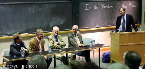 (left to right) Co-Producer Christopher Riley, Director David Sington, Former NASA Deputy Administrator Robert C. Seamans, Jr. PhD ’51, Jeffery A. Hoffman, and panel moderator MIT Professor David A. Mindell ’96 spoke after a sneak preview of “In the Shadow of the Moon,” sponsored by the Program in Science, Technology, and Society last Monday. More information about the movie can be found at http://www.intheshadowofthemoon.com/.